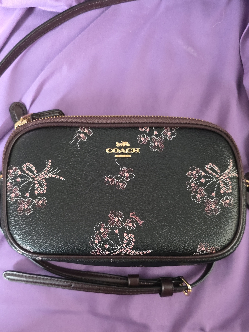 Women's Coach Floral Crossbody Bag Black Leather Pink Floral Camera Bag